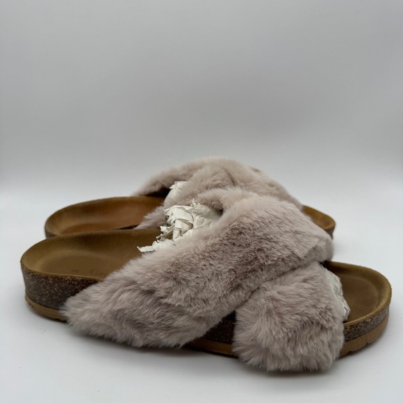 Garnet Hill Shoes - Garnet Hill Womens Faux Fur Crisscross Slide Sandals Taupe Made in Italy Size 9